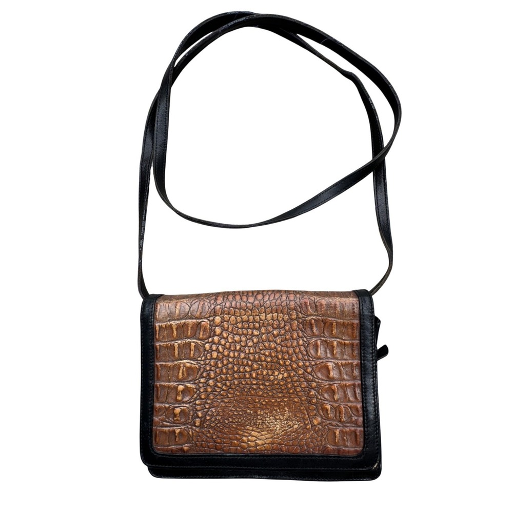Brahmin Vintage Black Brown Crocodile Embossed Leather Crossbody Wallet Bag